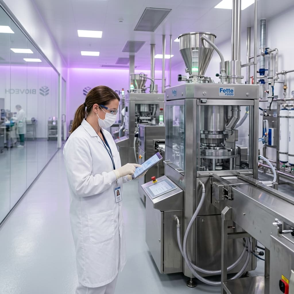 Pharmaceutical manufacturing professional reviewing batch documentation in a modern GMP facility